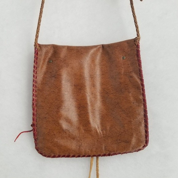 Ethnic Leather Boho Bag Brown & Burgundy 10"L x 10"W Crossbody Adjustable Strap - Picture 4 of 12
